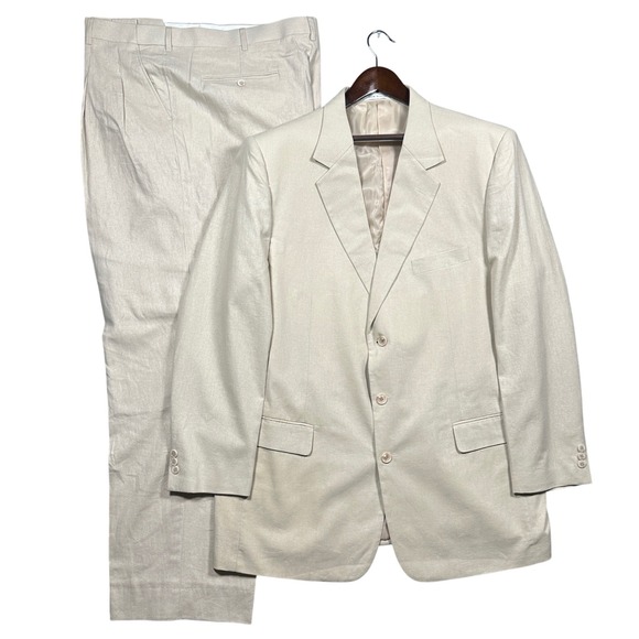 King's Court Suit Men 48L Beige Linen Blend 3-Button Blazer Pleated Pants